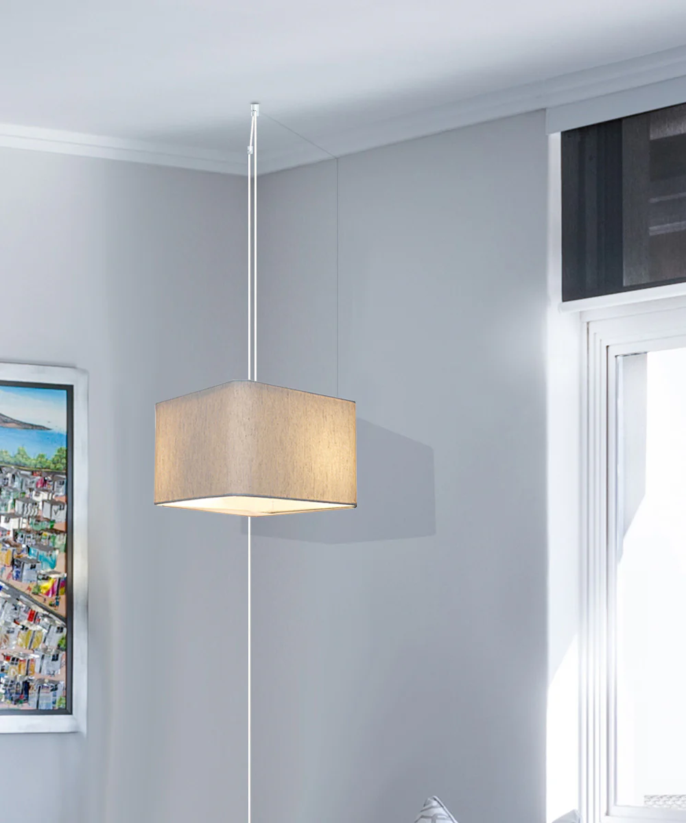 1 Light Swag Plug-In Pendant 14"w Rounded Corner Square Oatmeal Drum Shade, White Cord - Image 4