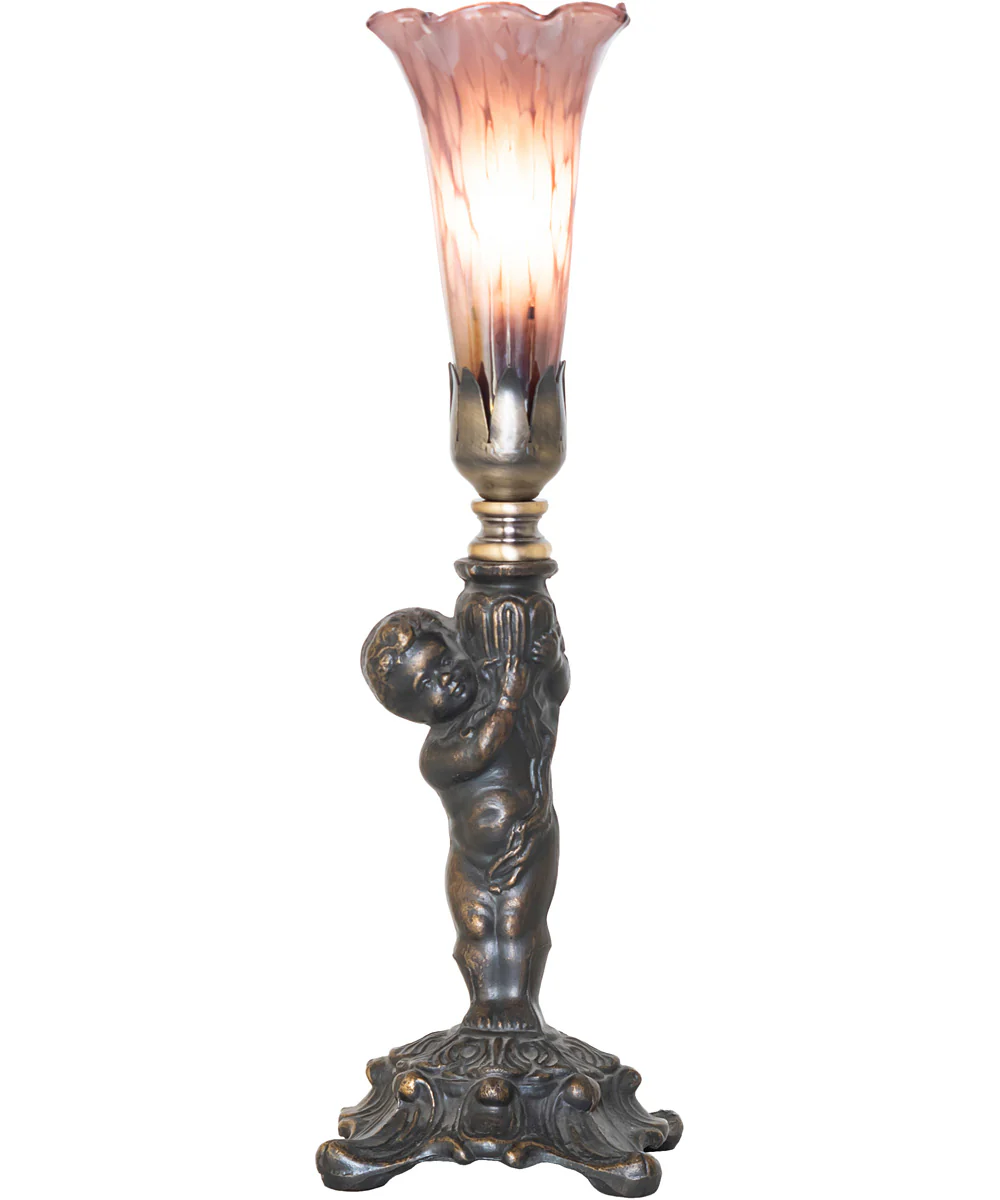 12" High Purple Iridescent Pond Lily Cherub Mini Lamp