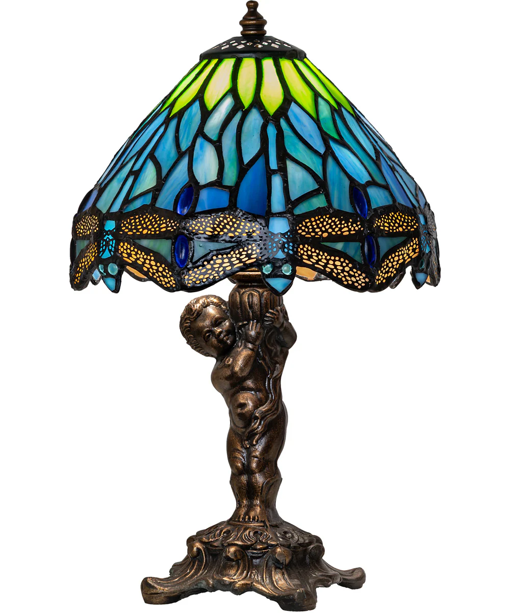 12" High Tiffany Hanginghead Dragonfly Cherub Accent Lamp