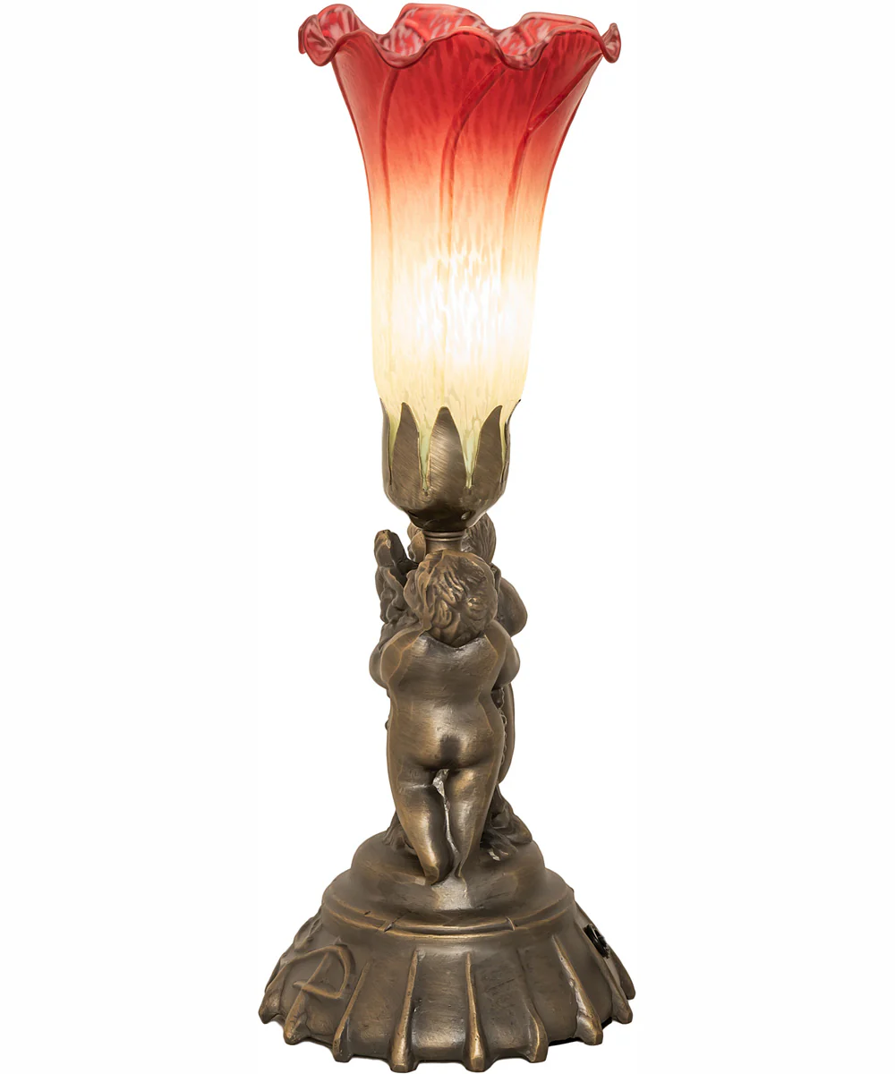 13" High Seafoam/Cranberry Tiffany Pond Lily Twin Cherub Accent Lamp - Image 6