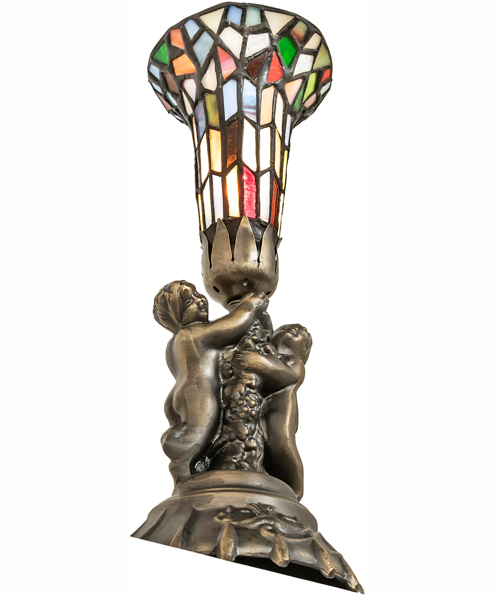 13" High Stained Glass Pond Lily Twin Cherub Mini Lamp - Image 7