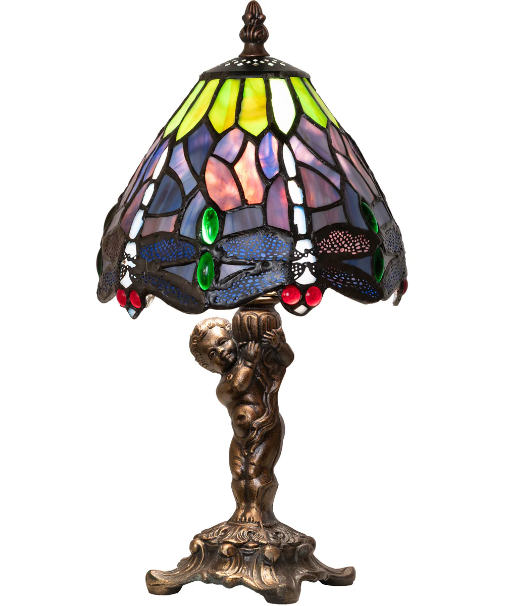 13" High Tiffany Hanginghead Dragonfly Cherub Accent Lamp