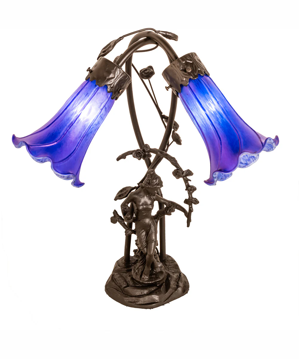 17" High Blue Tiffany Pond Lily 2 Light Trellis Girl Accent Lamp - Image 2