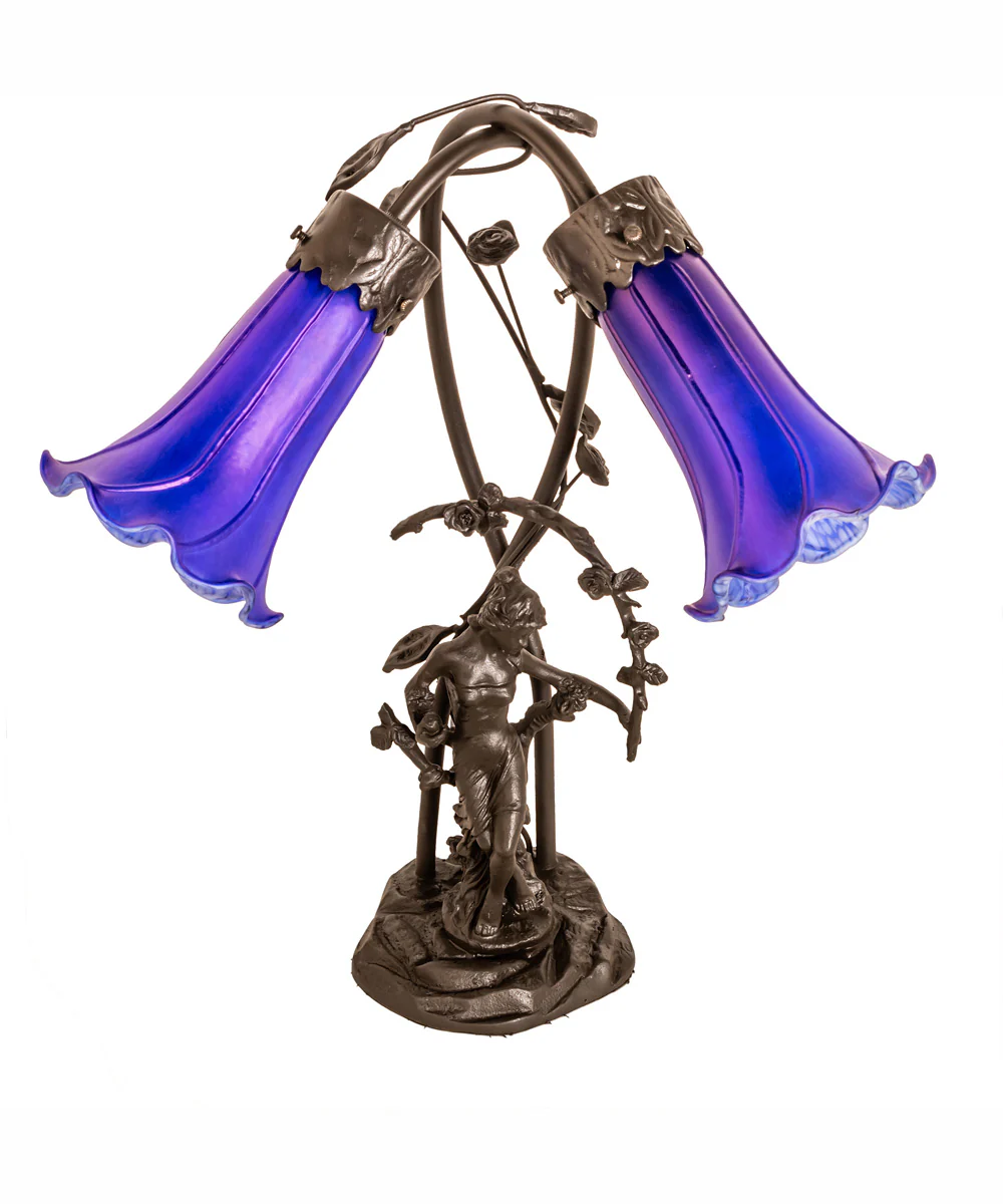 17" High Blue Tiffany Pond Lily 2 Light Trellis Girl Accent Lamp - Image 3