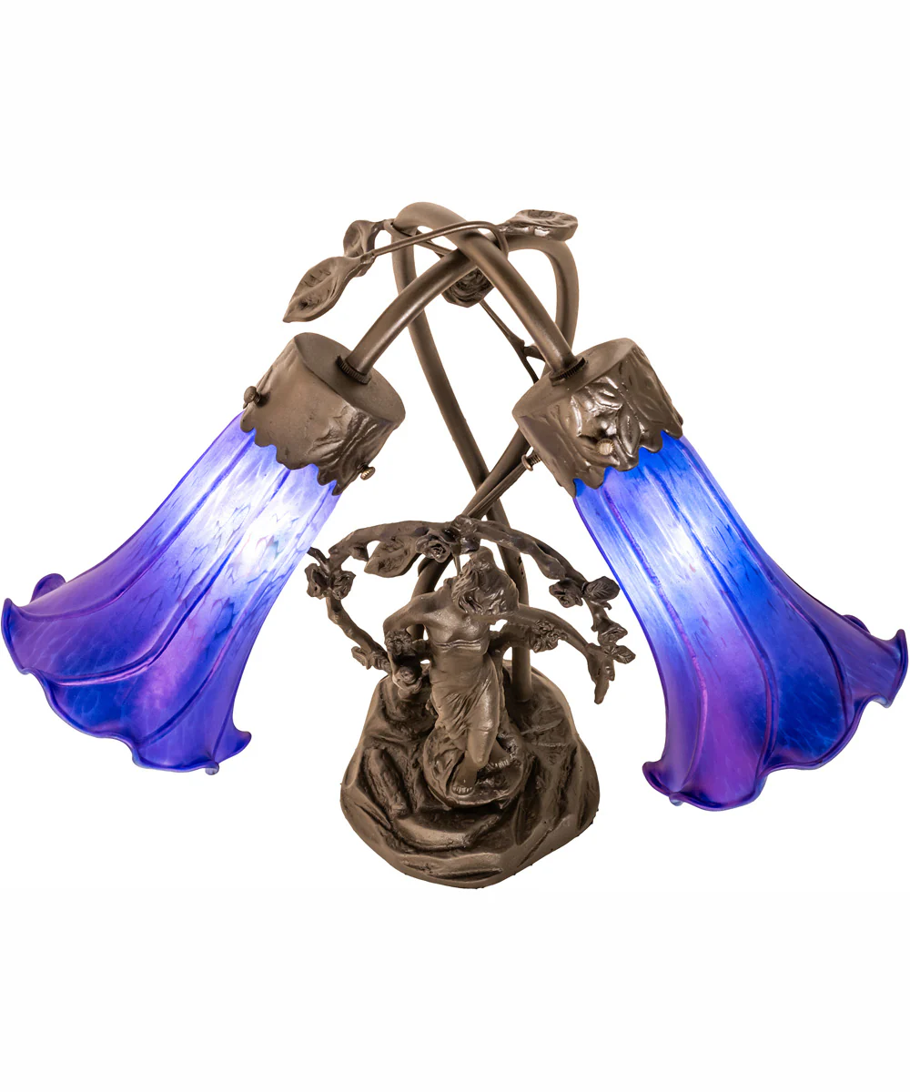 17" High Blue Tiffany Pond Lily 2 Light Trellis Girl Accent Lamp - Image 4