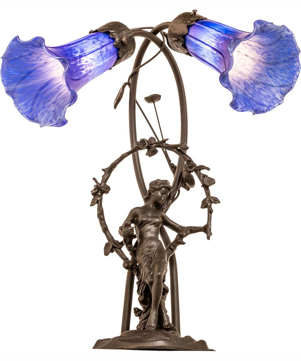 17" High Blue Tiffany Pond Lily 2 Light Trellis Girl Accent Lamp - Image 6