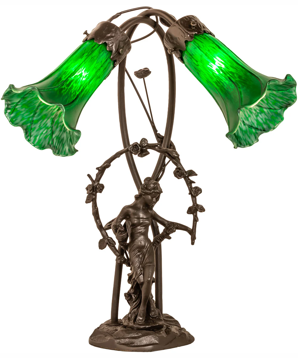 17" High Green Tiffany Pond Lily 2 Light Trellis Girl Accent Lamp - Image 4