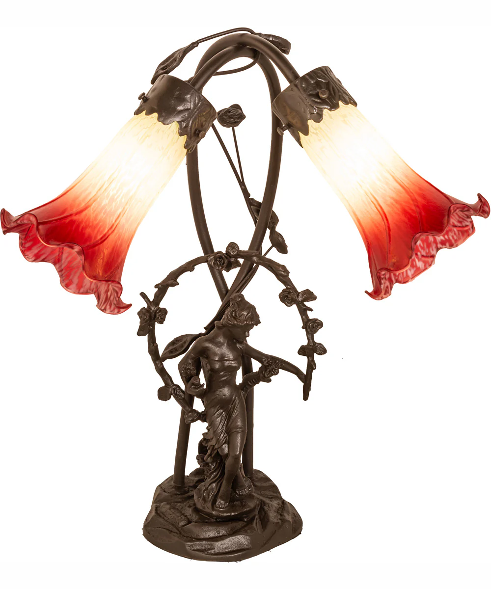 17" High Seafoam/Cranberry Tiffany Pond Lily 2 Light Trellis Girl Accent Lamp