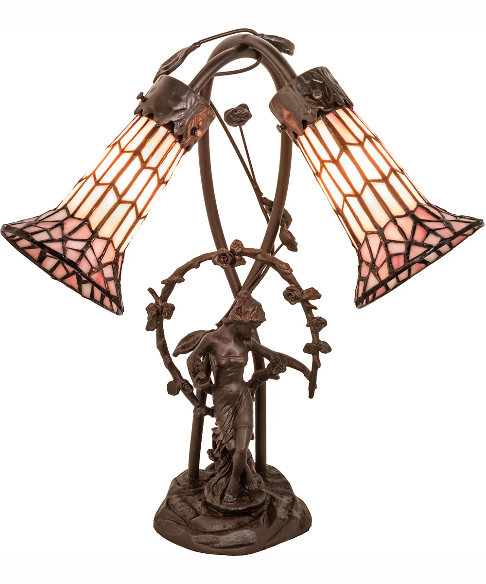 17" High Stained Glass Pond Lily 2 Light Trellis Girl Accent Lamp