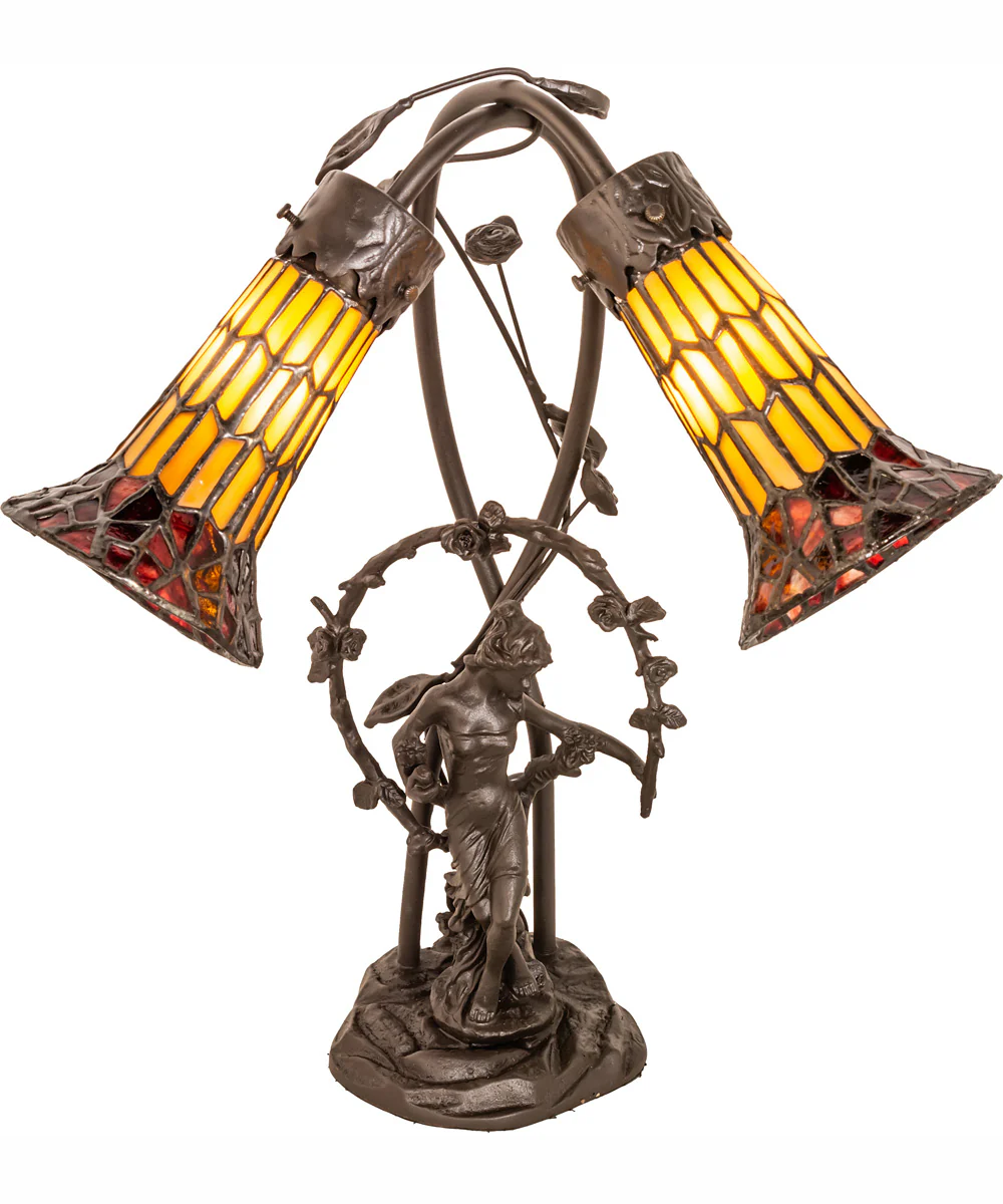 17" High Stained Glass Pond Lily 2 Light Trellis Girl Accent Lamp - Image 2