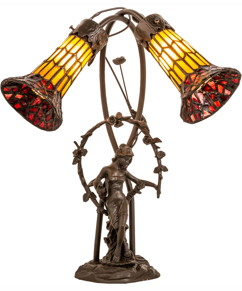 17" High Stained Glass Pond Lily 2 Light Trellis Girl Accent Lamp - Image 5