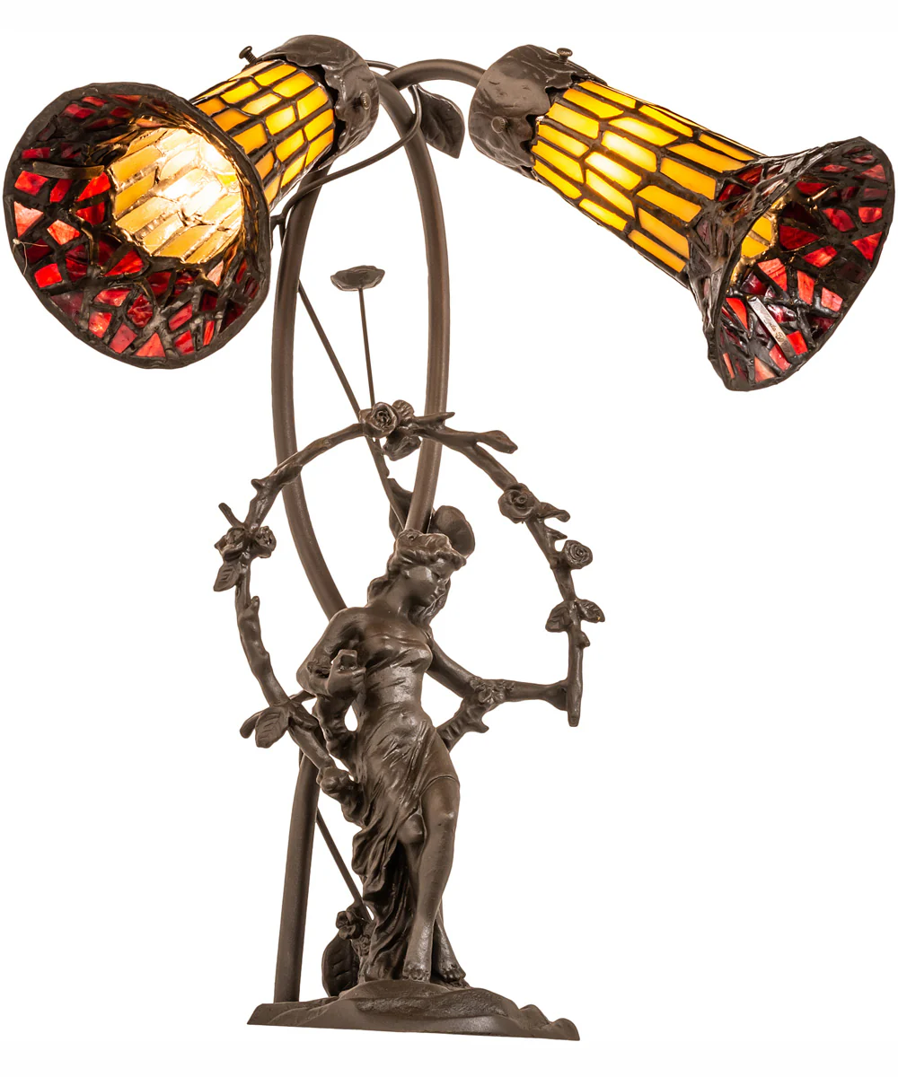 17" High Stained Glass Pond Lily 2 Light Trellis Girl Accent Lamp - Image 7
