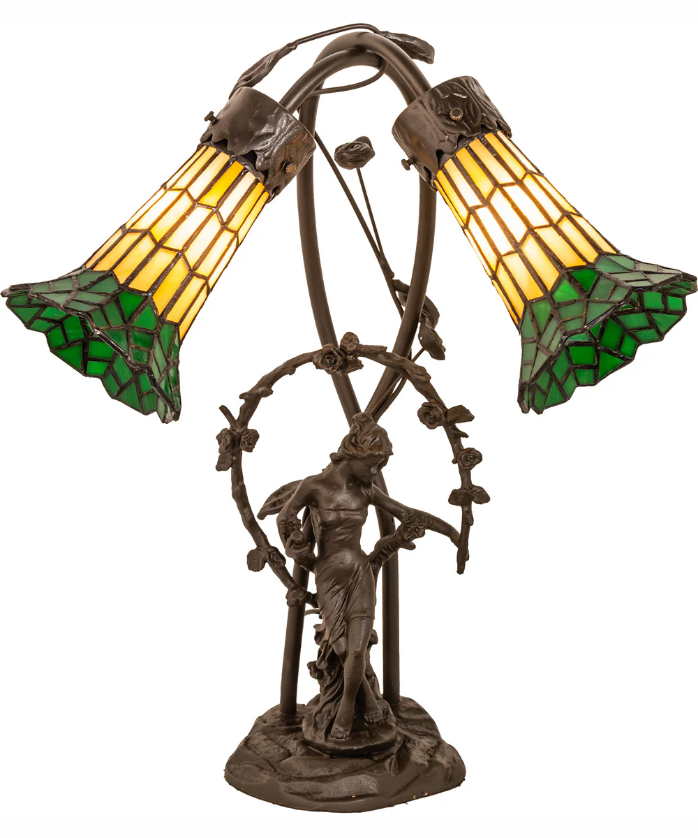 17" High Stained Glass Pond Lily 2 Light Trellis Girl Accent Lamp - Image 2