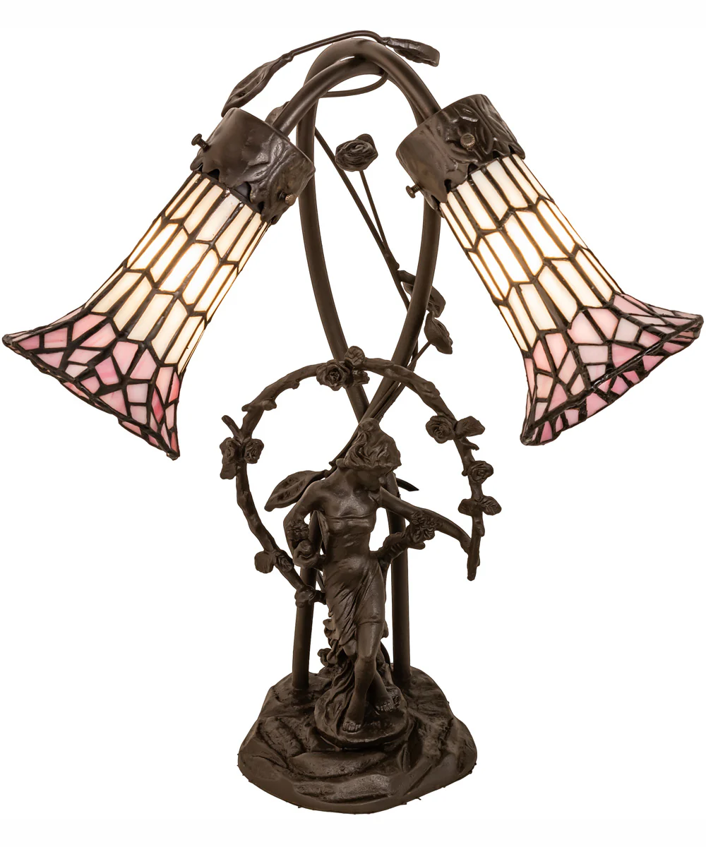 17" High Stained Glass Pond Lily 2 Light Trellis Girl Accent Lamp