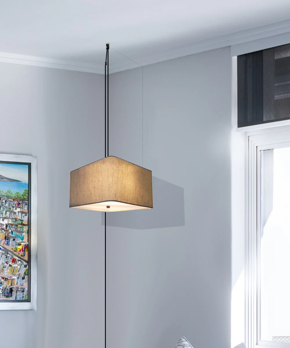 2 Light Swag Plug-In Pendant 14"w Rounded Corner Square Oatmeal Drum Shade with Diffuser, Black Cord - Image 3