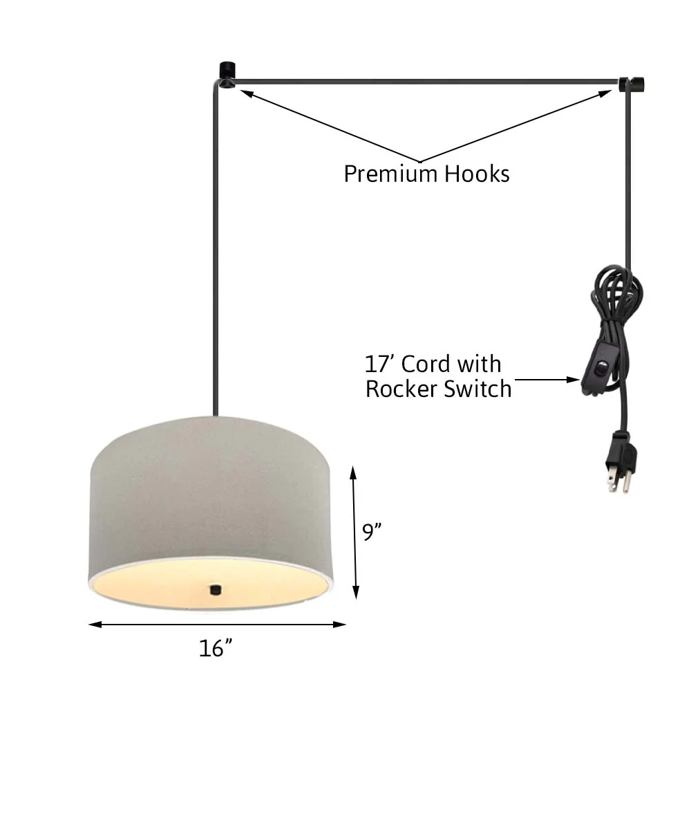 2 Light Swag Plug-In Pendant 16"w Light Oatmeal Linen Drum with Diffuser, Black Cord - Image 3
