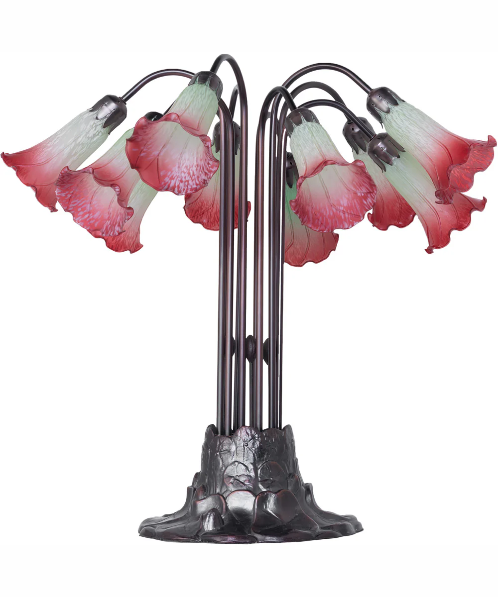 24" High Seafoam/Cranberry Tiffany Pond Lily 10 Light Table Lamp - Image 3
