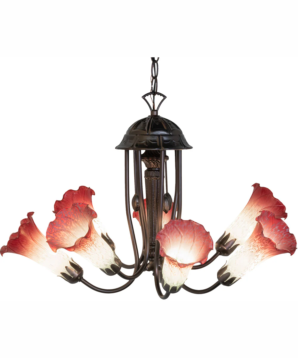 24" Wide Pink/White Tiffany Pond Lily 7 Light Chandelier
