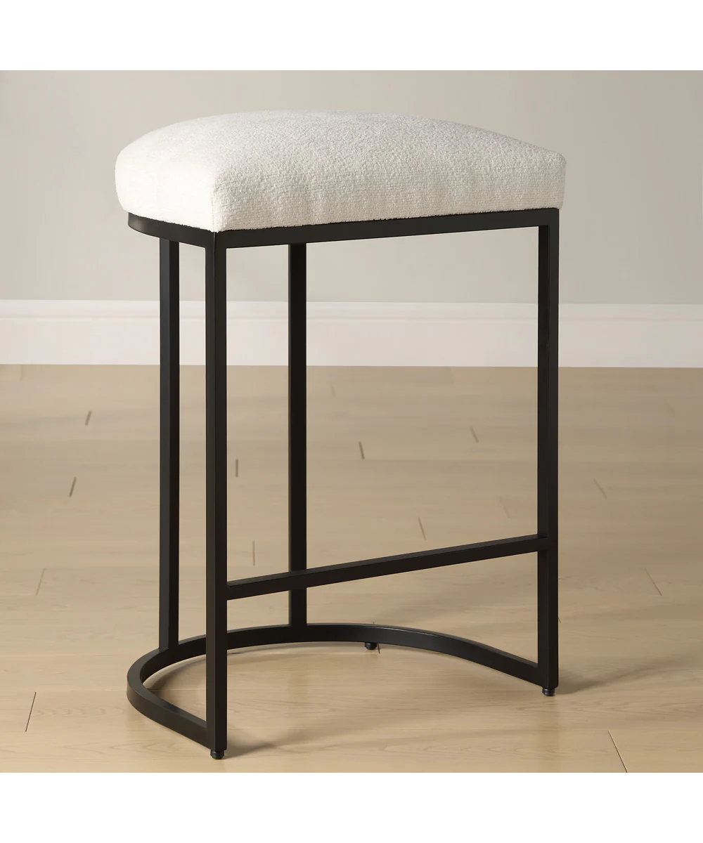 26" Counter Stool in Matte Black with Textured Cream Fabric - Image 2