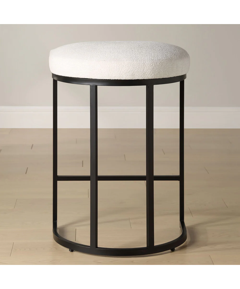 26" Counter Stool in Matte Black with Textured Cream Fabric - Image 3
