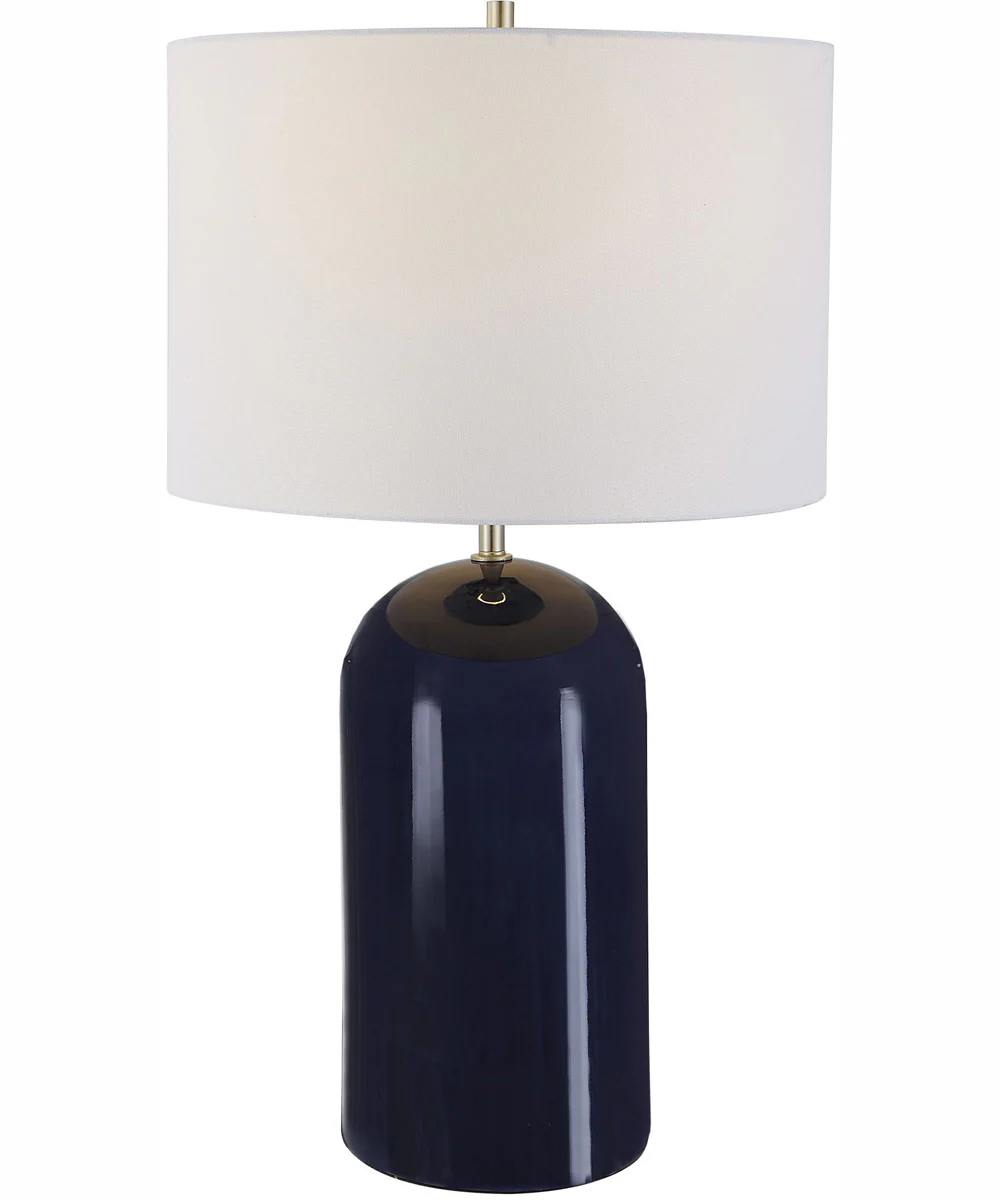 27"H 1-Light Table Lamp Ceramic and Metal in Navy Blue and Brushed Nickel with a Round Shade