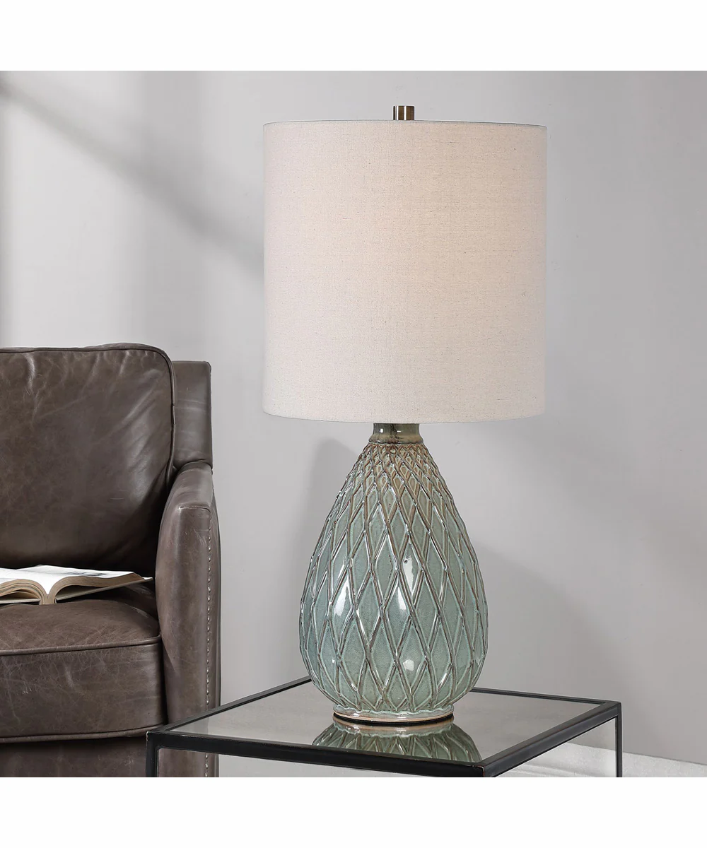 28"H 1-Light Table Lamp Ceramic and Steel in Rust and Aqua with a Drum Shade - Image 2