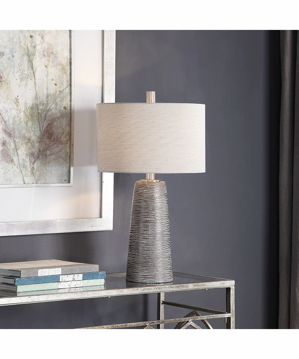 28"H 1-Light Table Lamp Steel and Ceramic in Dark Bronze and Brushed Nickel with a Rolled-Edge Drum Shade - Image 2