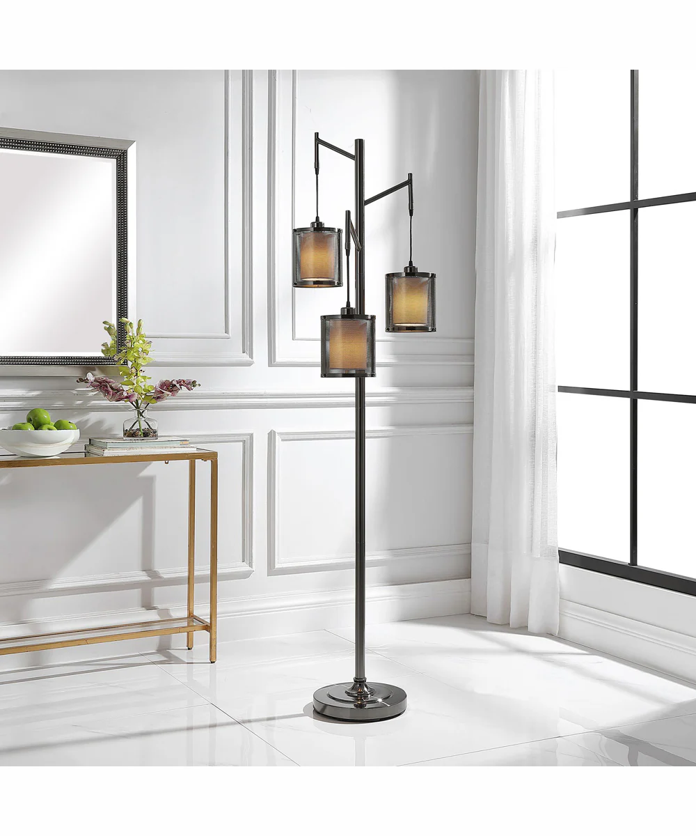 74"H 3-Light Floor Lamp Metal in Dark Antique Nickel with a Round Metal/Fabric Shade - Image 2