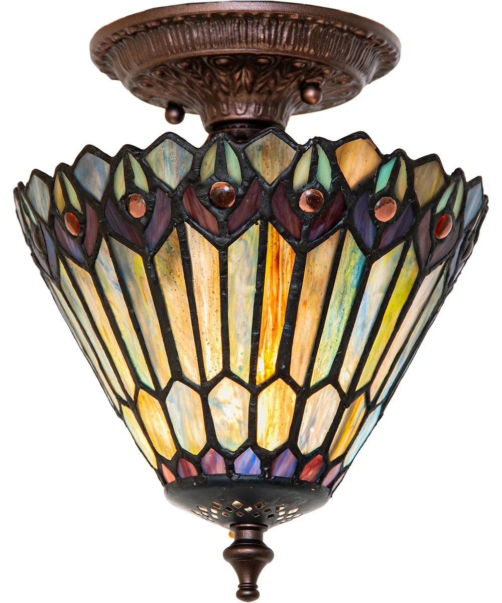 8" Wide Tiffany Jeweled Peacock Flush Mount