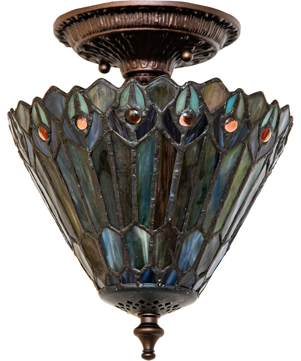 8" Wide Tiffany Jeweled Peacock Flush Mount - Image 2