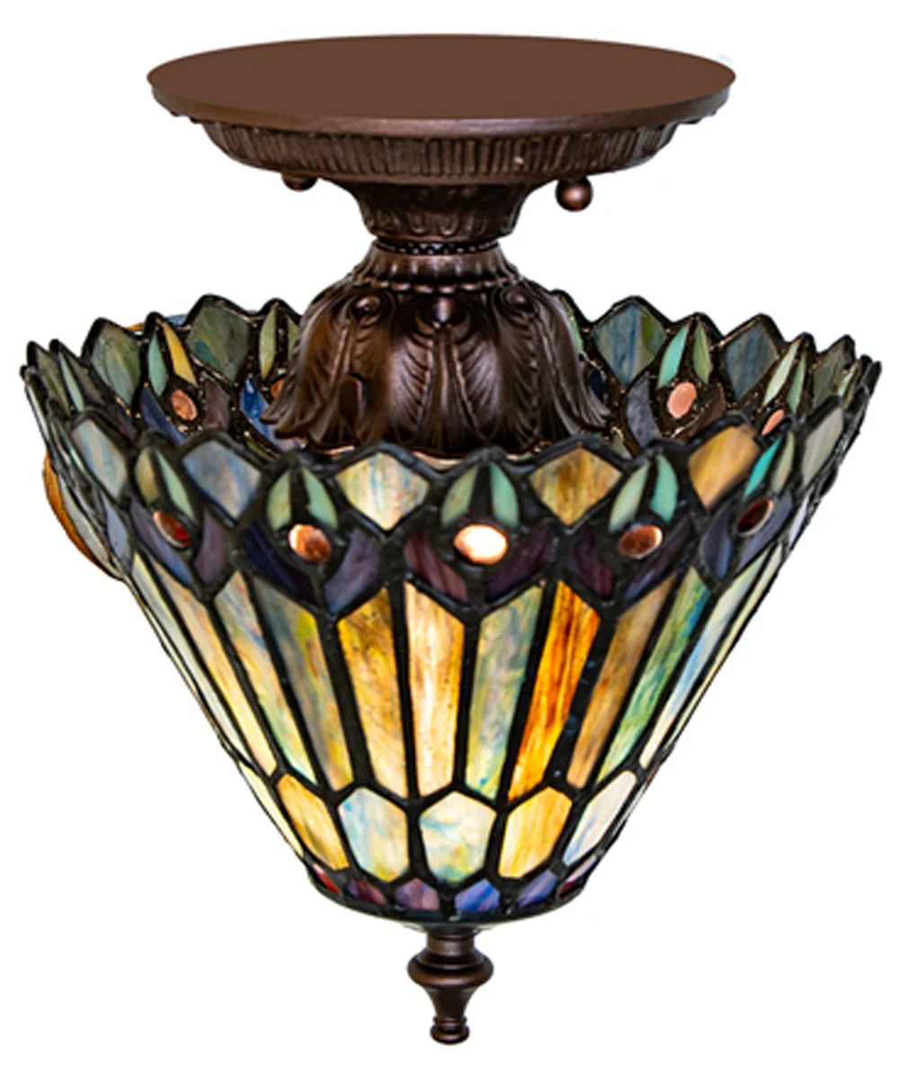8" Wide Tiffany Jeweled Peacock Flush Mount - Image 3