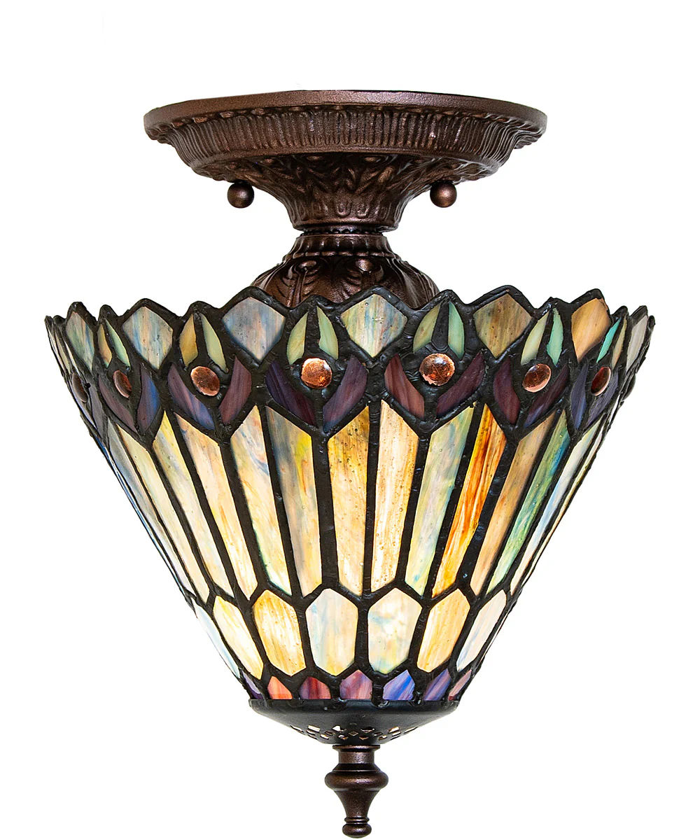 8" Wide Tiffany Jeweled Peacock Flush Mount - Image 4