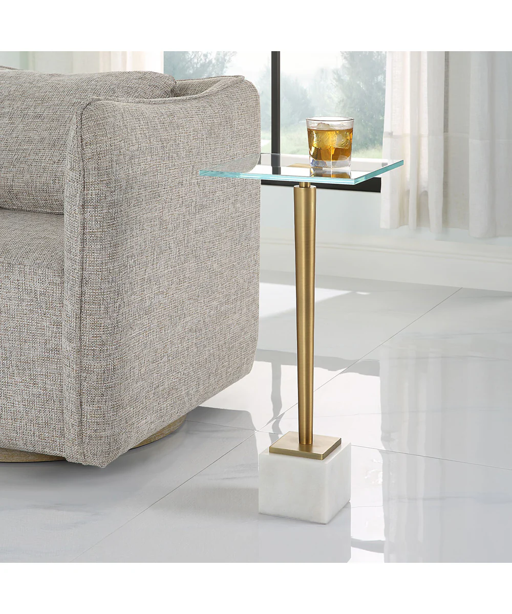 Accent Table with Tempered Glass in Brass with White Marble - Image 3