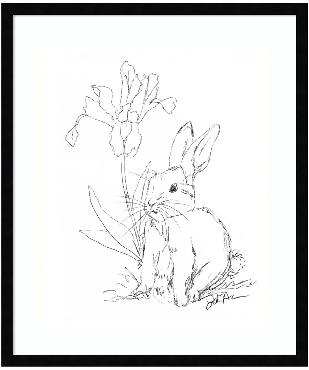 Bunny Sketch with Iris by Jodi Augustine Wood Framed Wall Art Print (21  W x 25  H), Svelte Noir Black Frame