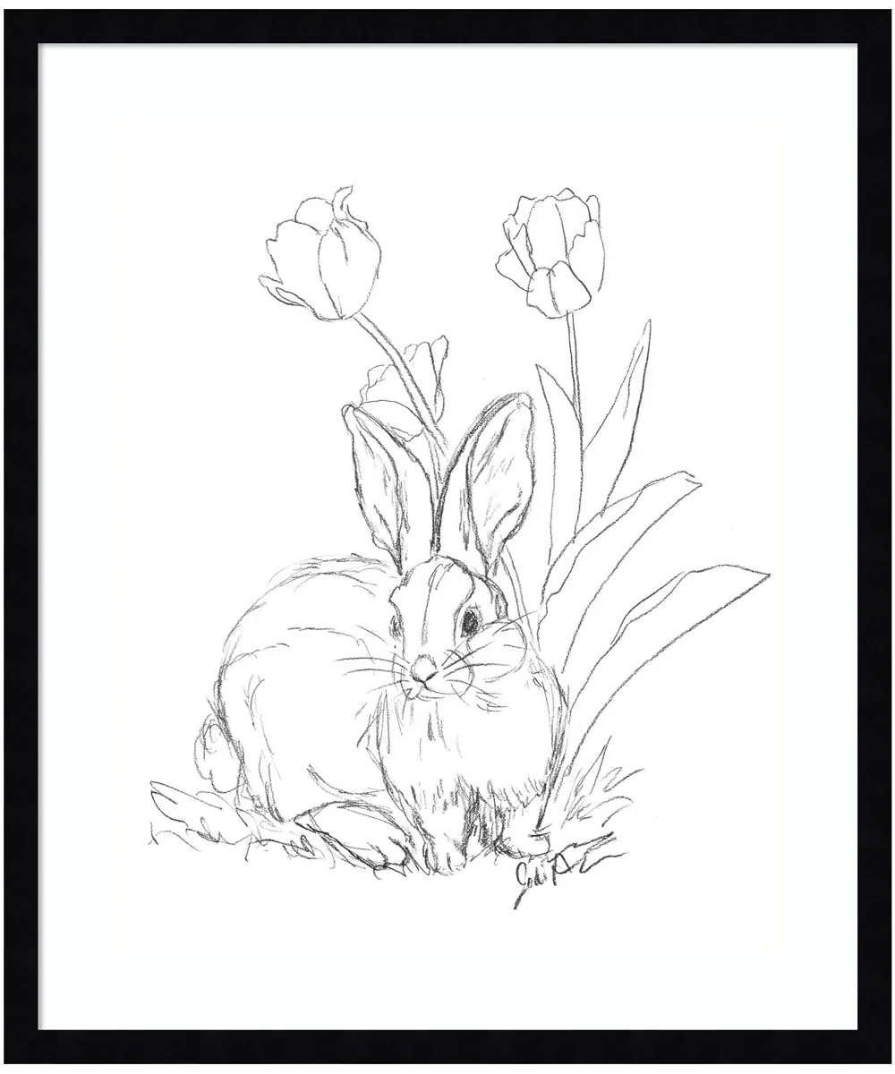 Bunny Sketch with Tulips by Jodi Augustine Wood Framed Wall Art Print (21 W x 25 H), Svelte Noir Black Frame