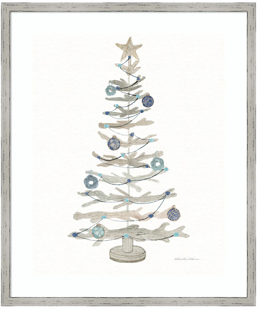 Decorative Coastal Holiday Tree II by Kathleen Parr McKenna Wood Framed Wall Art Print (21 W x 25 H), Shiplap White Narrow Frame