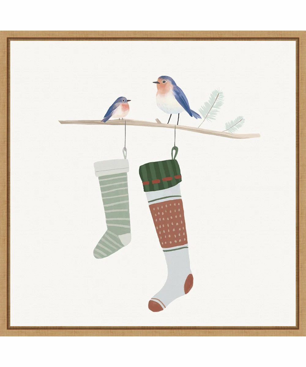 Framed Blue Birds of Christmas Happiness I by Lucca Sheppard Canvas Wall Art Print (22  W x 22  H), Sylvie Maple Frame