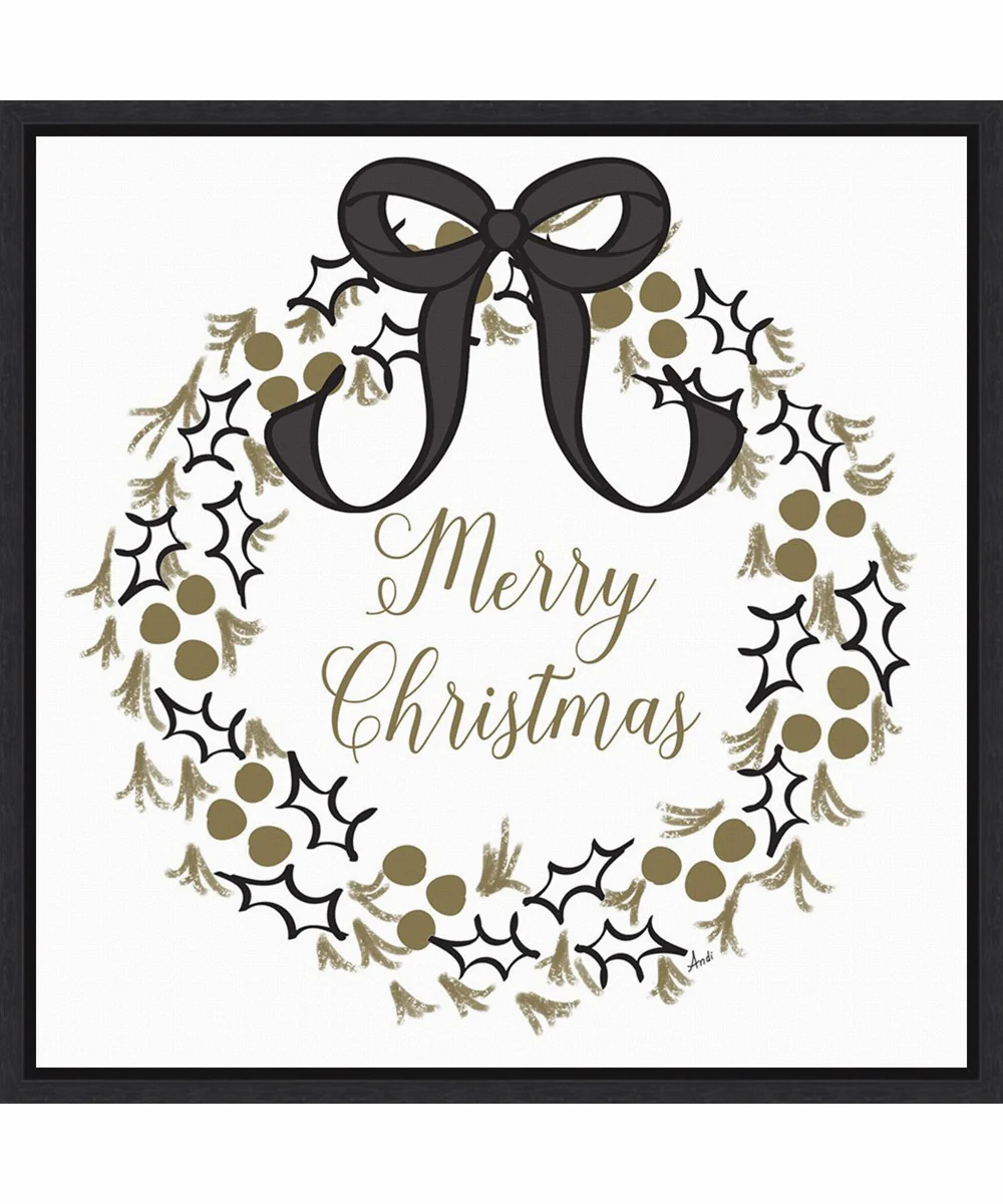 Framed Merry Christmas Wreath by Andi Metz Canvas Wall Art Print (22  W x 22  H), Sylvie Black Frame