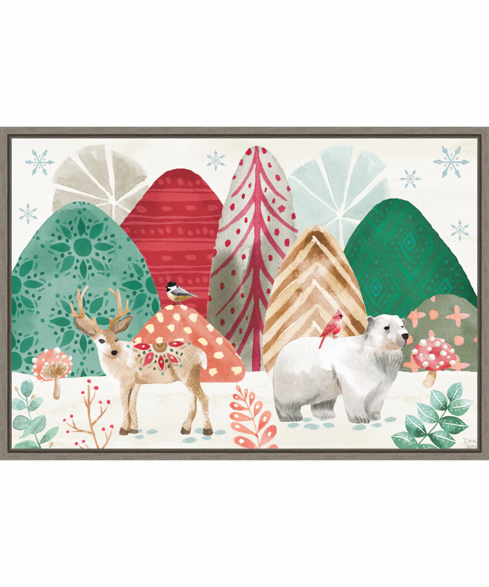 Framed Snowy Christmas Critters I by Dina June Canvas Wall Art Print (33 W x 23 H), Sylvie Greywash Frame
