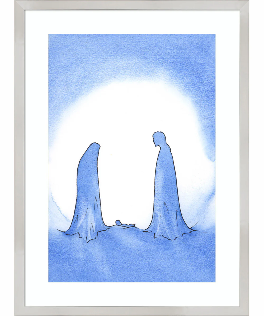 Mary and Joseph with the miraculous baby by Elizabeth Wang Wood Framed Wall Art Print (19 W x 25 H), Svelte Silver Frame