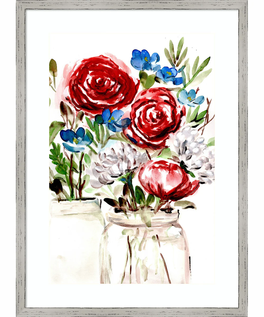 Proud to be an American Bouquet I by Marcy Chapman Wood Framed Wall Art Print (18  W x 25  H), Shiplap White Narrow Frame