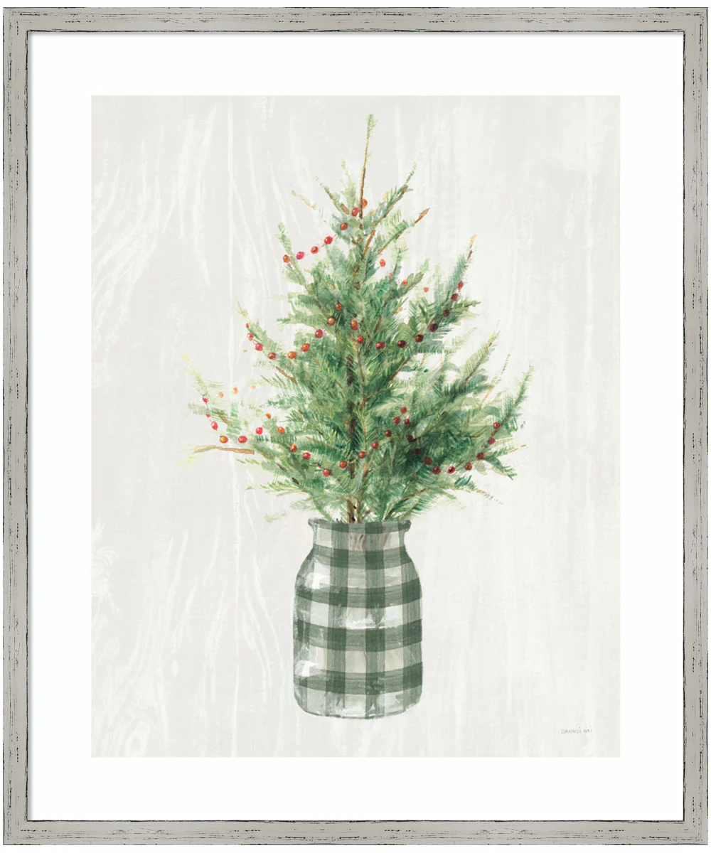 White and Bright Christmas Tree II Plaid by Danhui Nai Wood Framed Wall Art Print (21 W x 25 H), Shiplap White Narrow Frame