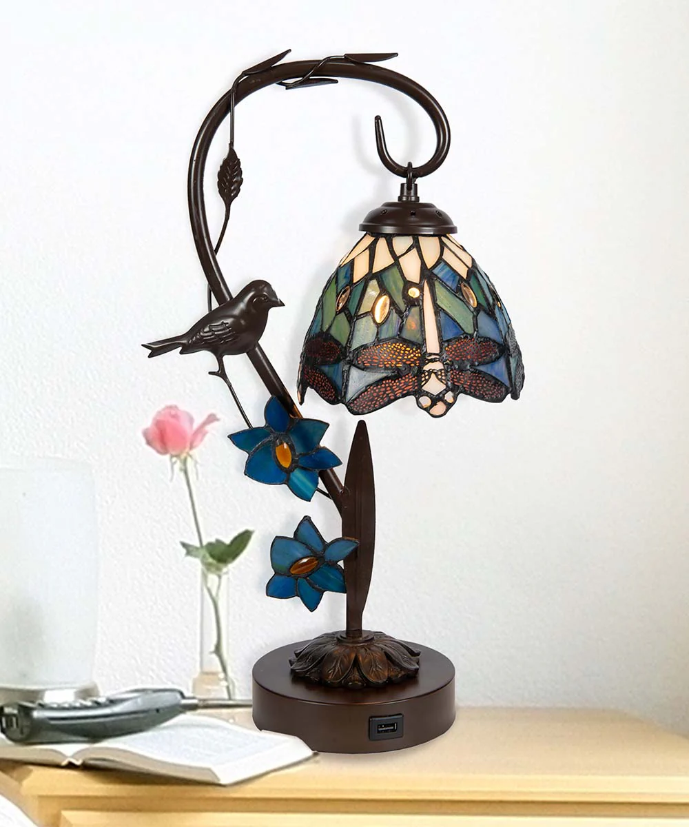 Bird On Vine Dragonfly Tiffany Table Lamp - Image 2