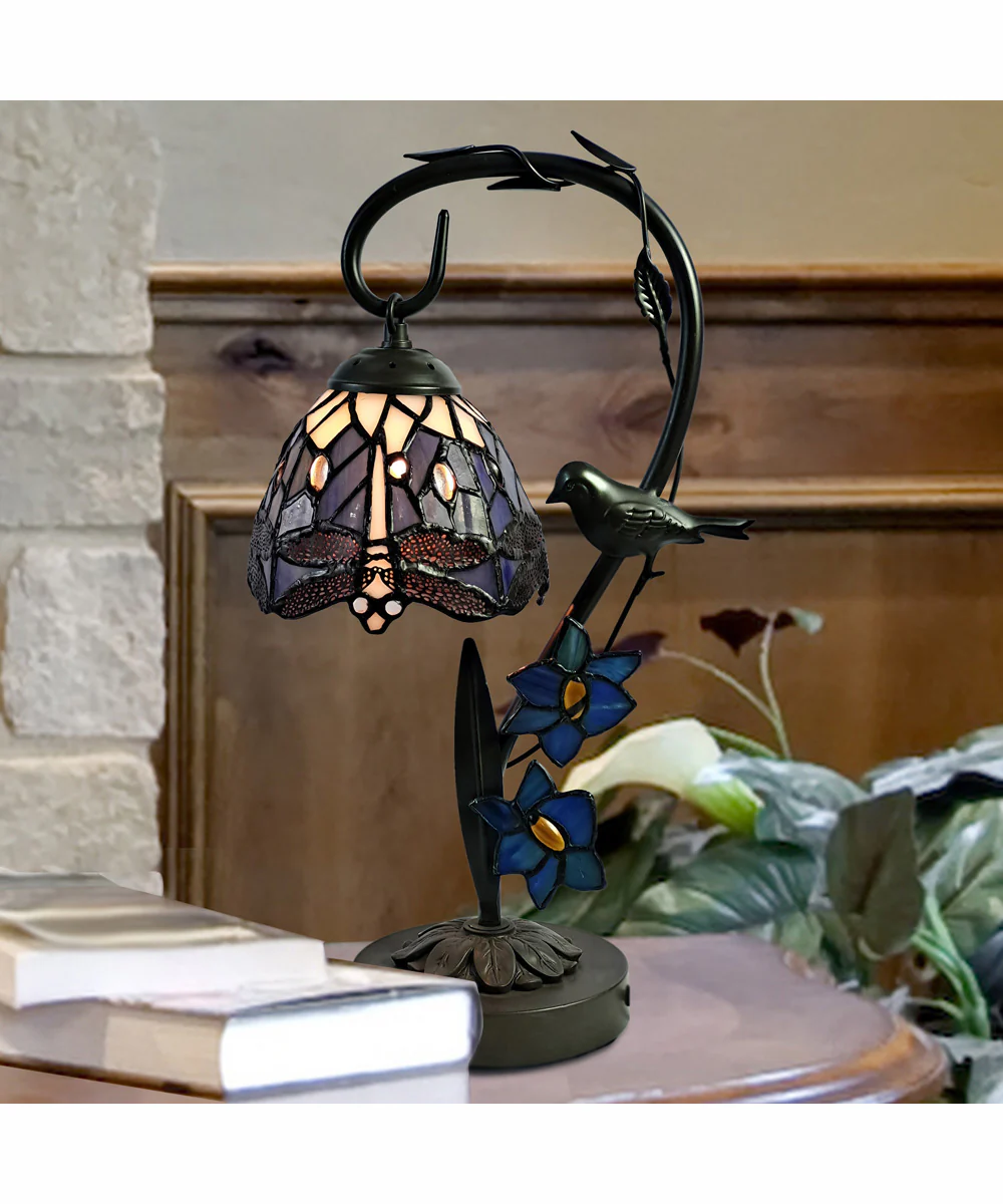 Bird On Vine Dragonfly Tiffany Table Lamp - Image 3