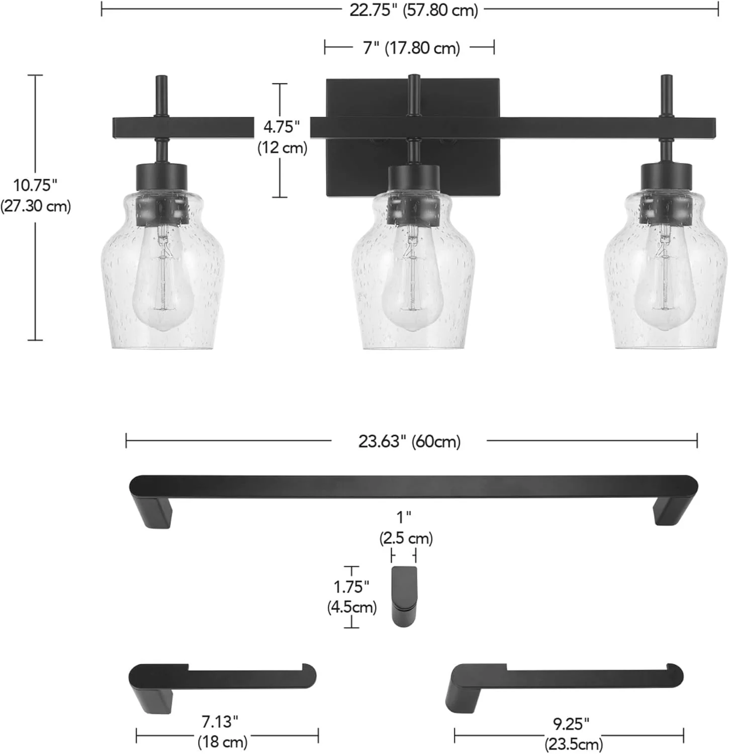 Bunbury 5-Piece "All-in-One" Bathroom Set, Matte Black, 3-Light Vanity Light Combo - Image 3