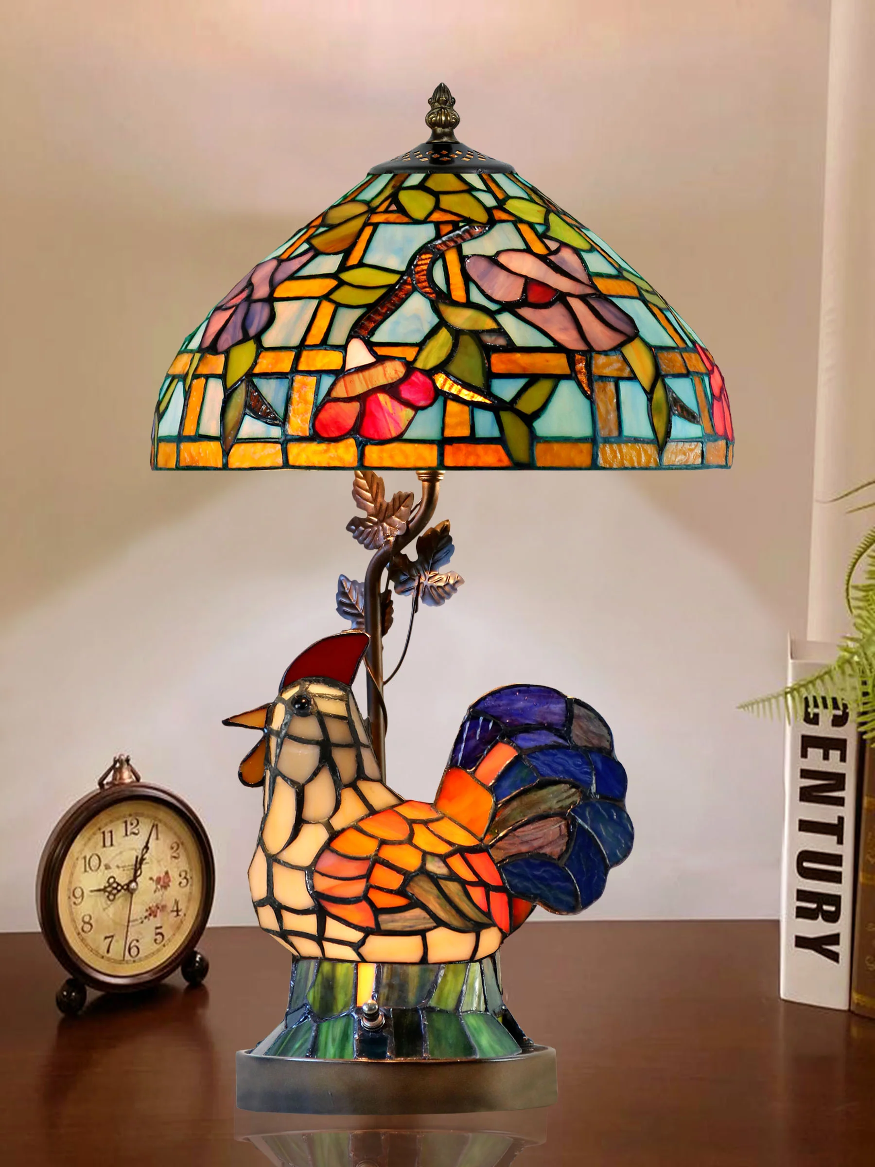 Canberry Rooster 20 Inch Tall Handmade Tiffany Table Lamp With Lighted Base