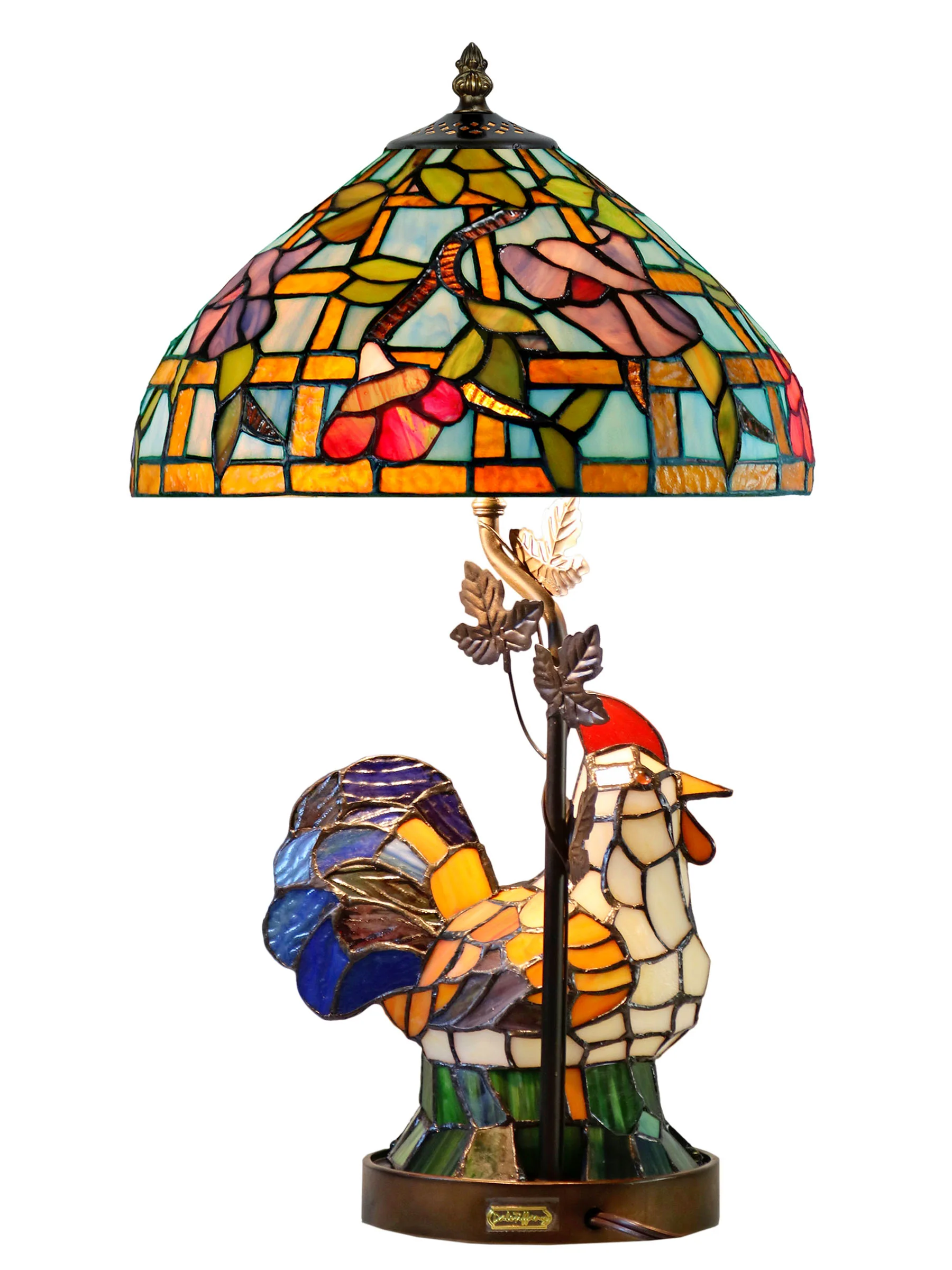 Canberry Rooster 20 Inch Tall Handmade Tiffany Table Lamp With Lighted Base - Image 3