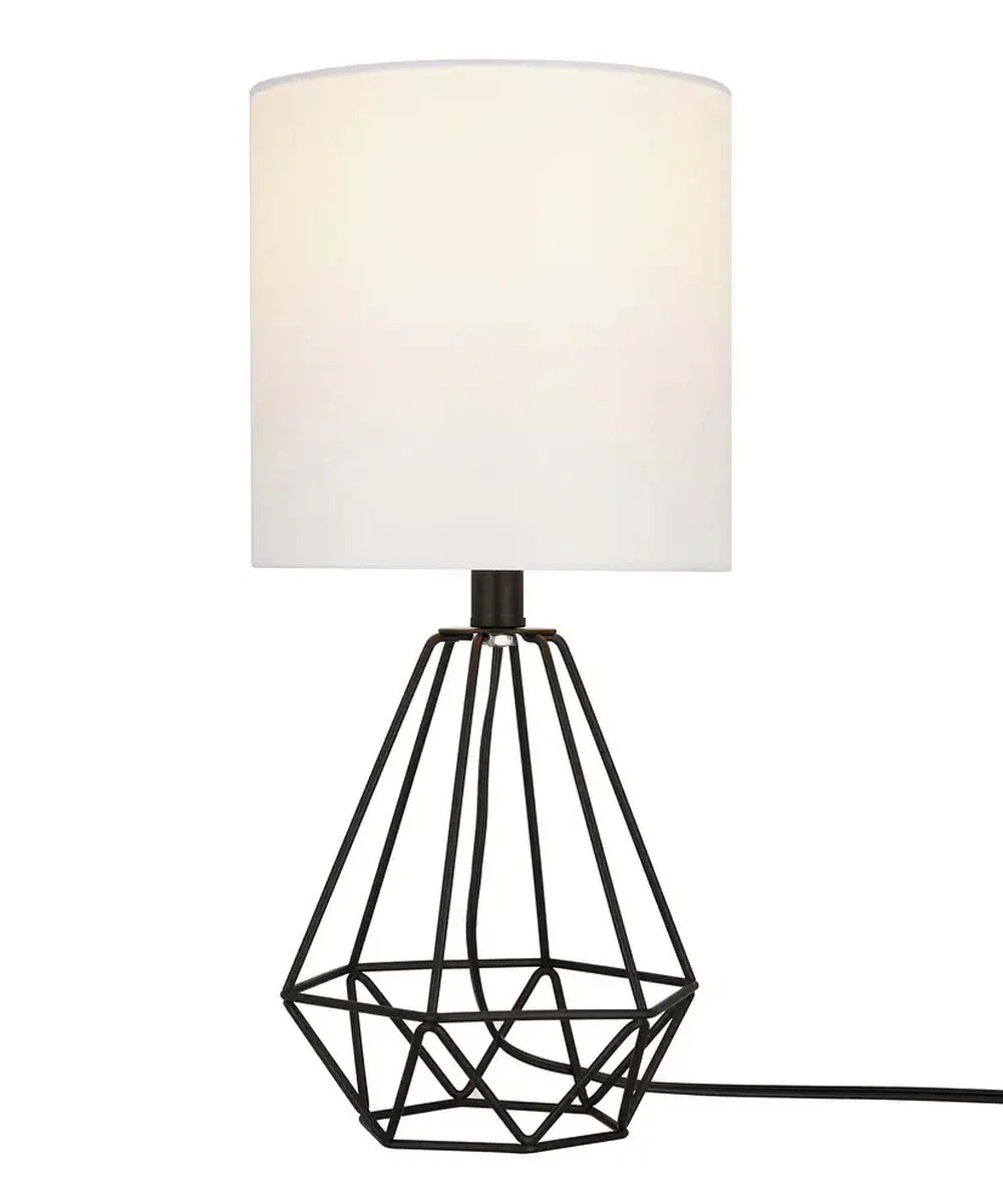 Catalina 18"H Metal Geometric Cage Matte Black Finish Table Lamp with White Linen Drum Shade