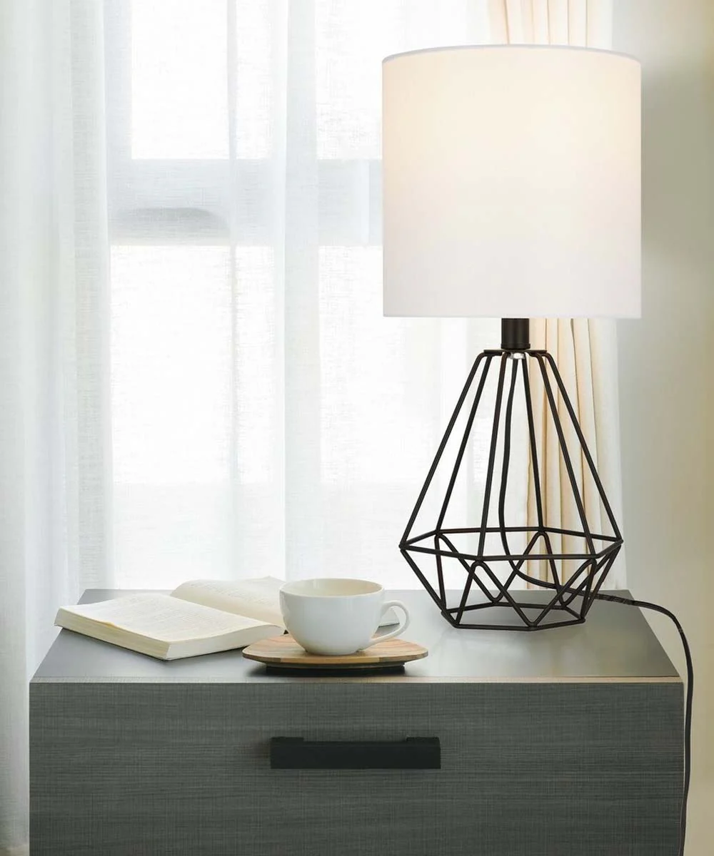 Catalina 18"H Metal Geometric Cage Matte Black Finish Table Lamp with White Linen Drum Shade - Image 2