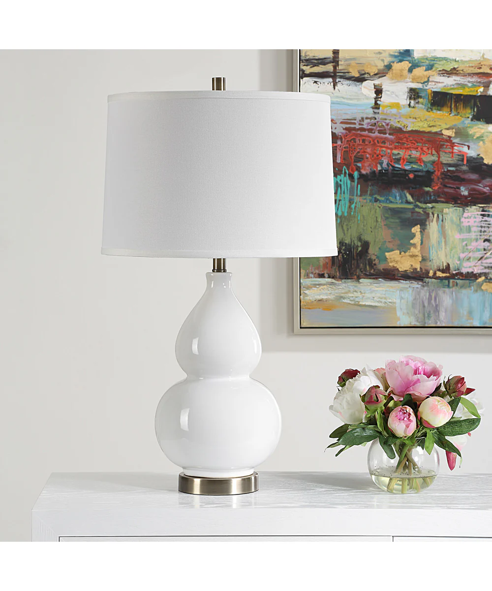 Ceramic Gourd Table Lamp in White with White Linen - Image 2